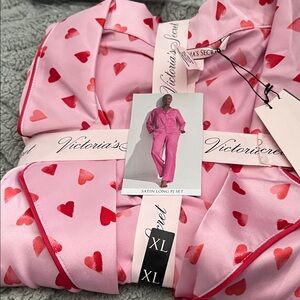 Victoria's Secret Pink and Red Heart Satin Pajama Set